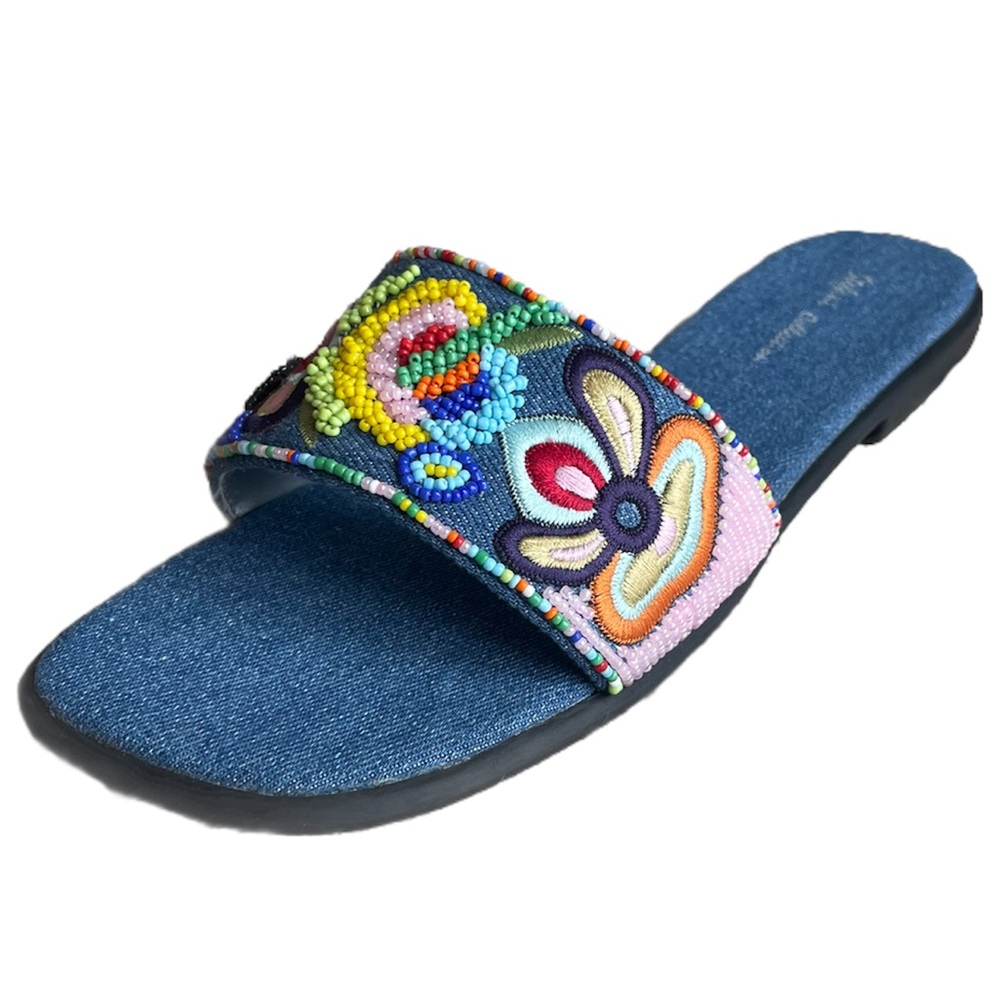 Embroidered Beaded Floral Paradise Blue Jean Denim Sandals Stefani Collection